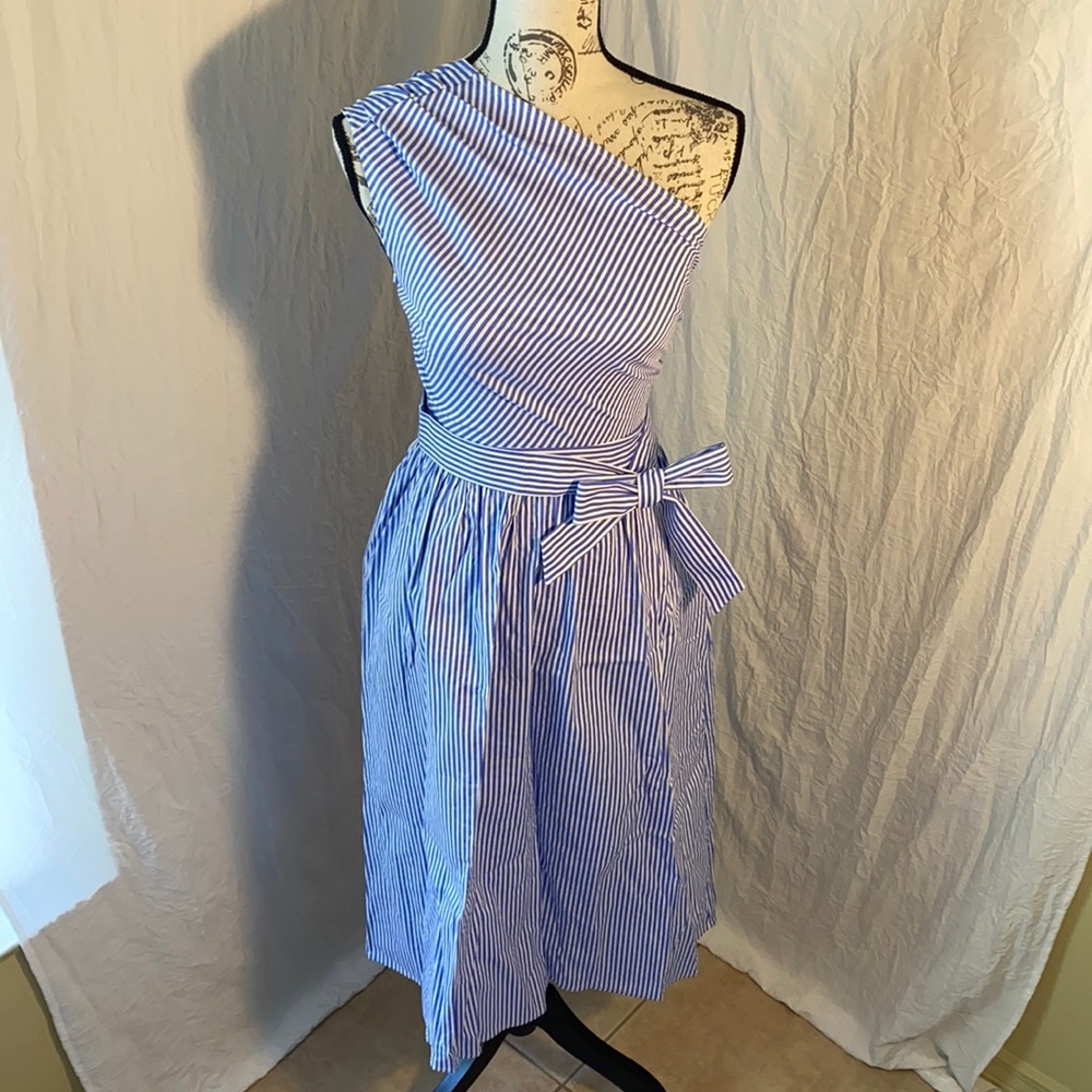 One Shoulder Blue&White Striped Dress